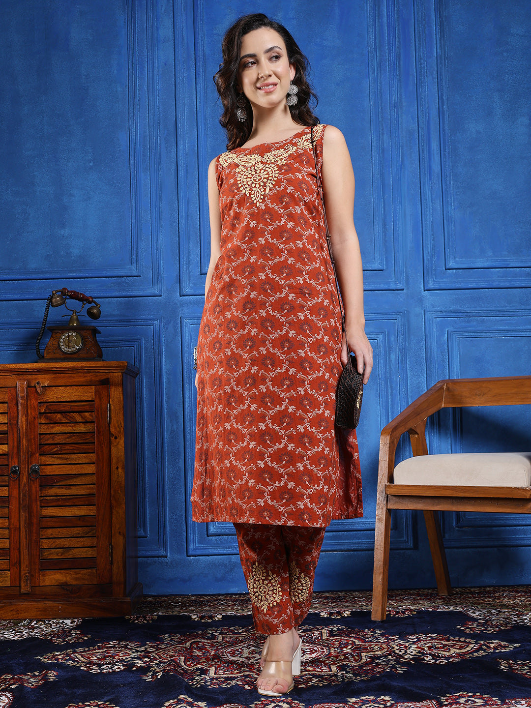 Handmade Chikankari Cotton Long Kurta in Rust Brown – Sleeveless Straight Fit
