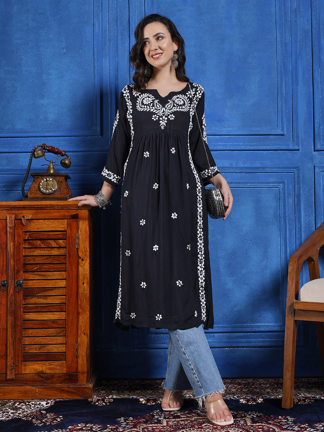 Women Black Modal Hand Chikankari Long Kurta
