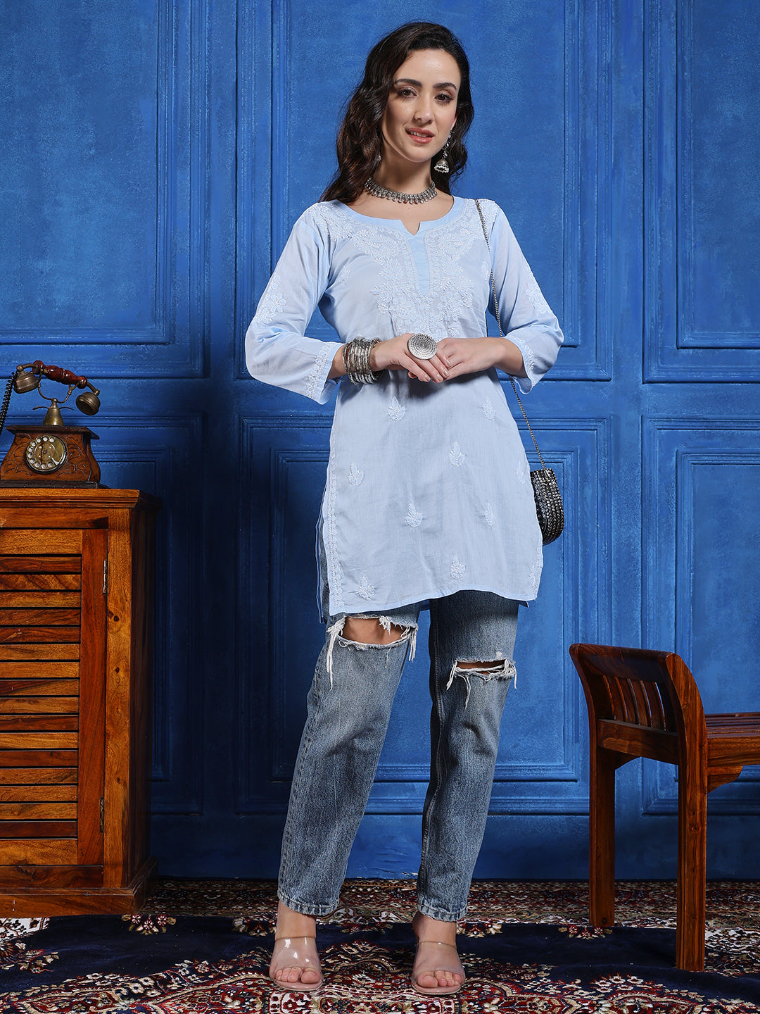 Handmade Light Blue Cotton Chikankari Short Kurti