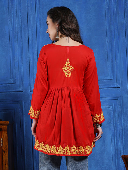 Handmade Red Cotton Chikankari Short Kurti – Round Neck with Yellow Floral Embroidery