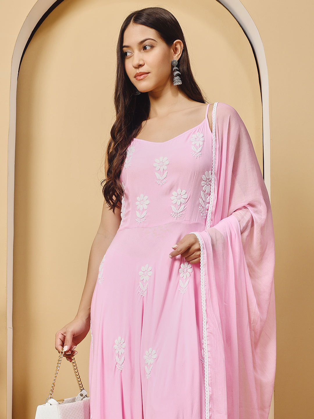 Pink Rayon Anarkali Kurta With Trouser & Dupatta hand Chikankari