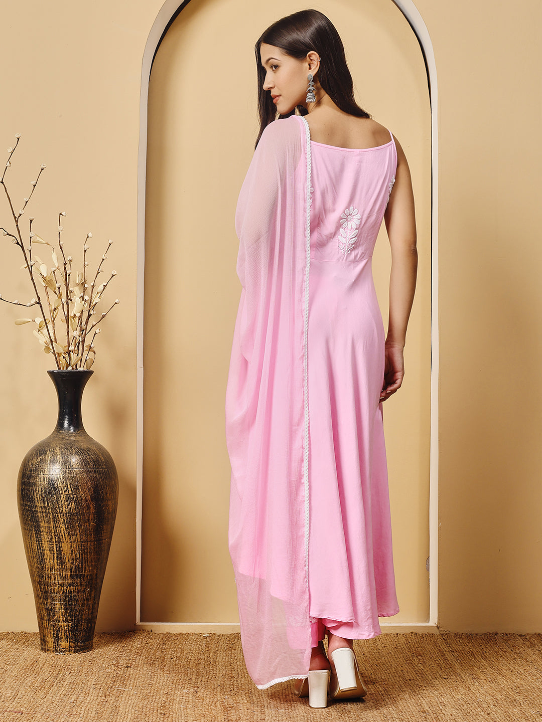 Pink Rayon Anarkali Kurta With Trouser & Dupatta hand Chikankari