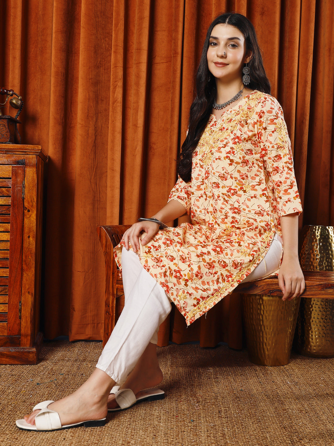 Women Multi Printed Cotton Chikankari Straight Kurti Set
