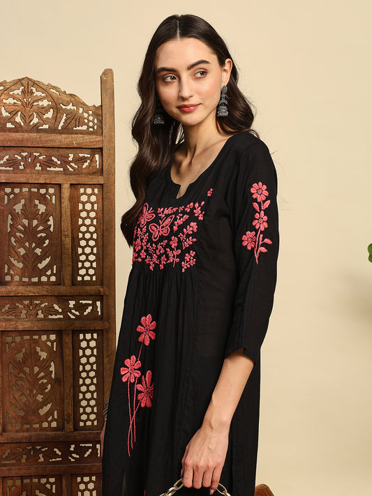 Women Black & Pink Handmade Chikankari Kurta Set
