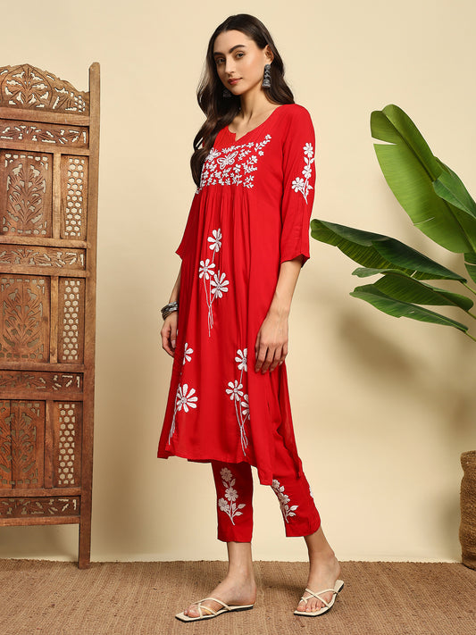 Women Red Handmade Chikankari Kurta Set with White Floral Embroidery