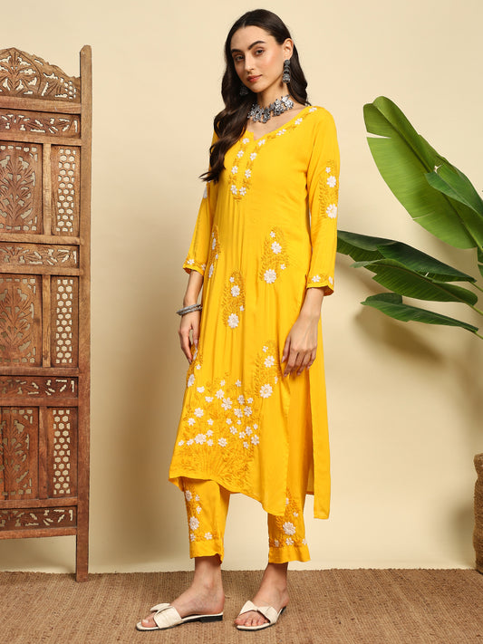 Women Mustard Yellow Handmade Chikankari Kurta Set with White Floral Embroidery