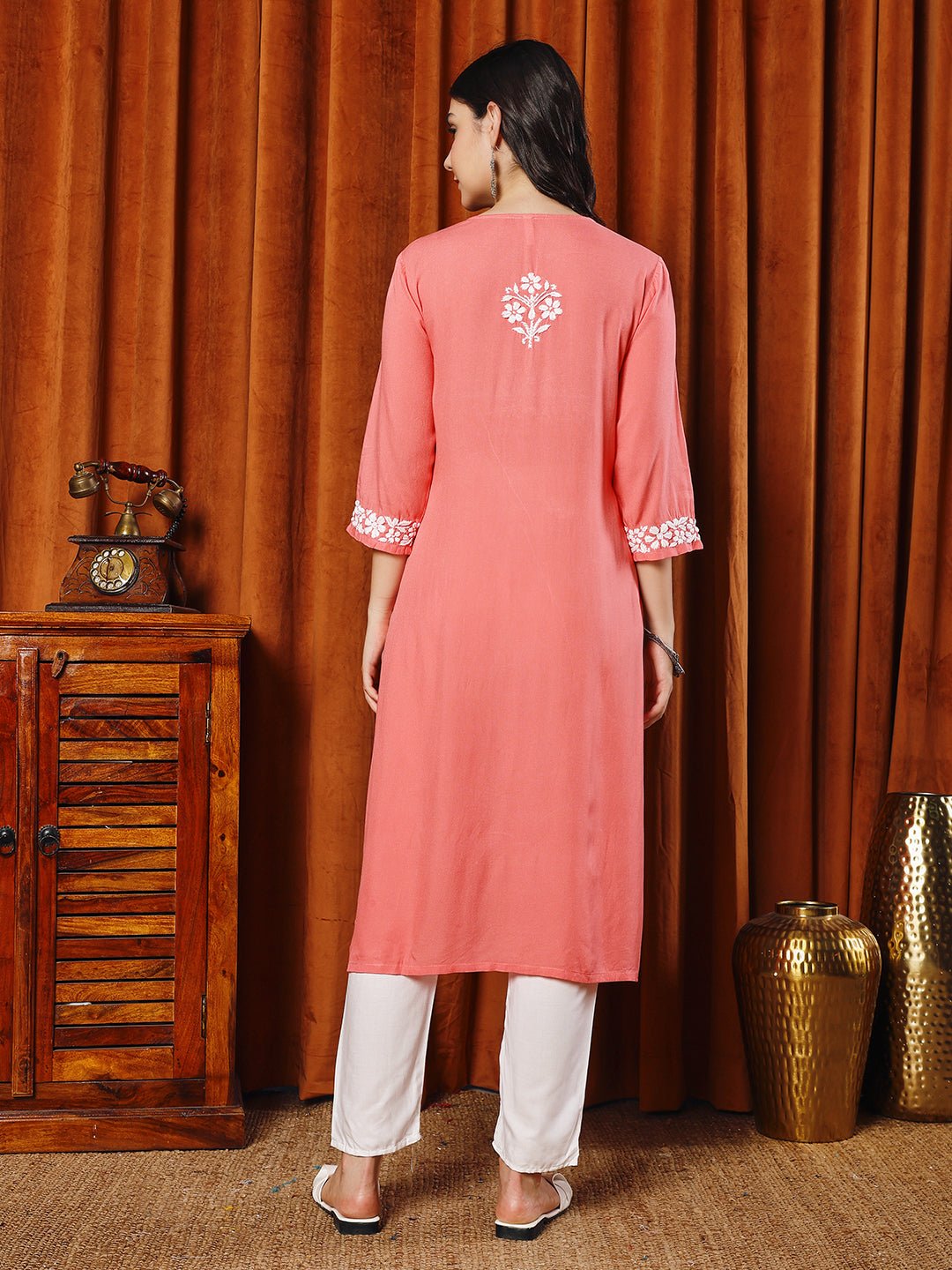 Women Gajari Rayon Hand Chikankari Straight Kurta Set