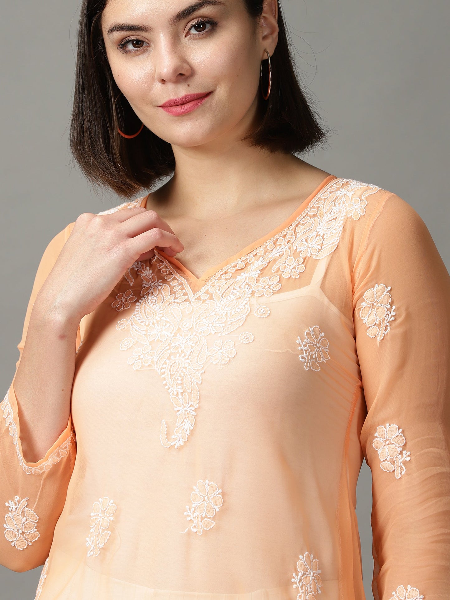 Chikankari Georgette Orange Straight Kurta