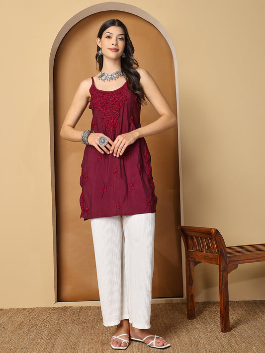 Maroon Sleeveless Chikankari Cotton Top with Spaghetti Straps