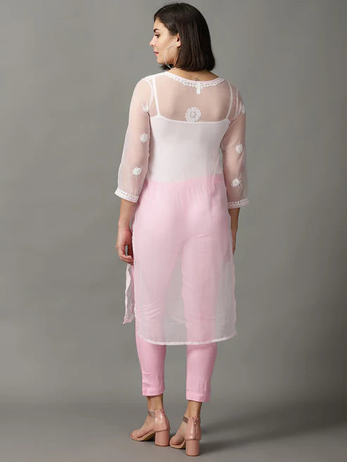 Pink Chikankari Georgette Straight Long Kurta