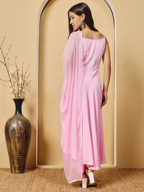 Pink Rayon Anarkali Long Chikankari Kurta