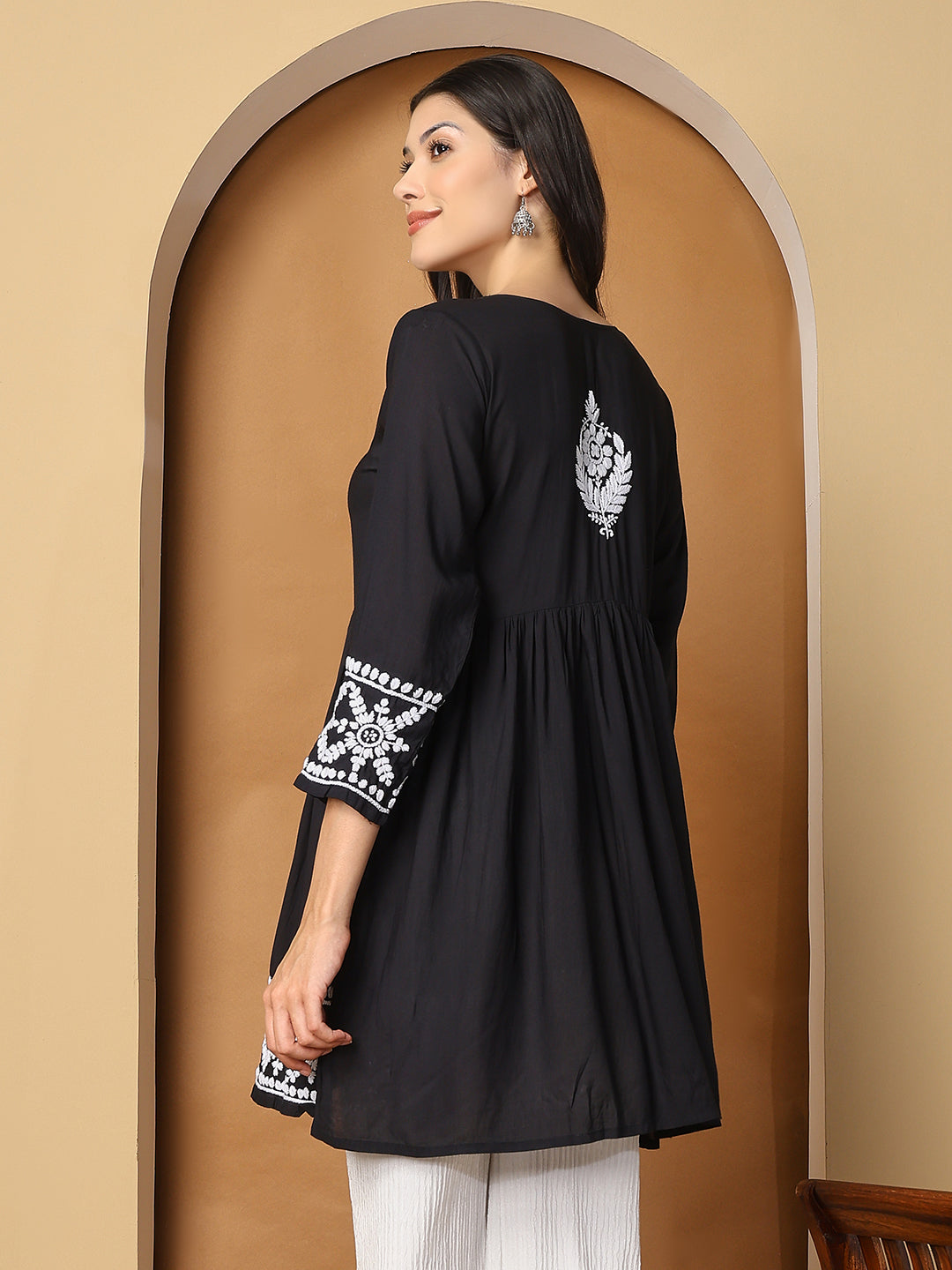 Black Modal Flared Short Kurta with White Hand Chikankari