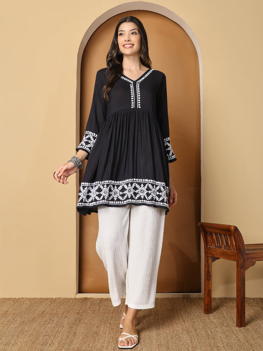 Black Modal Flared Short Kurta with White Hand Chikankari