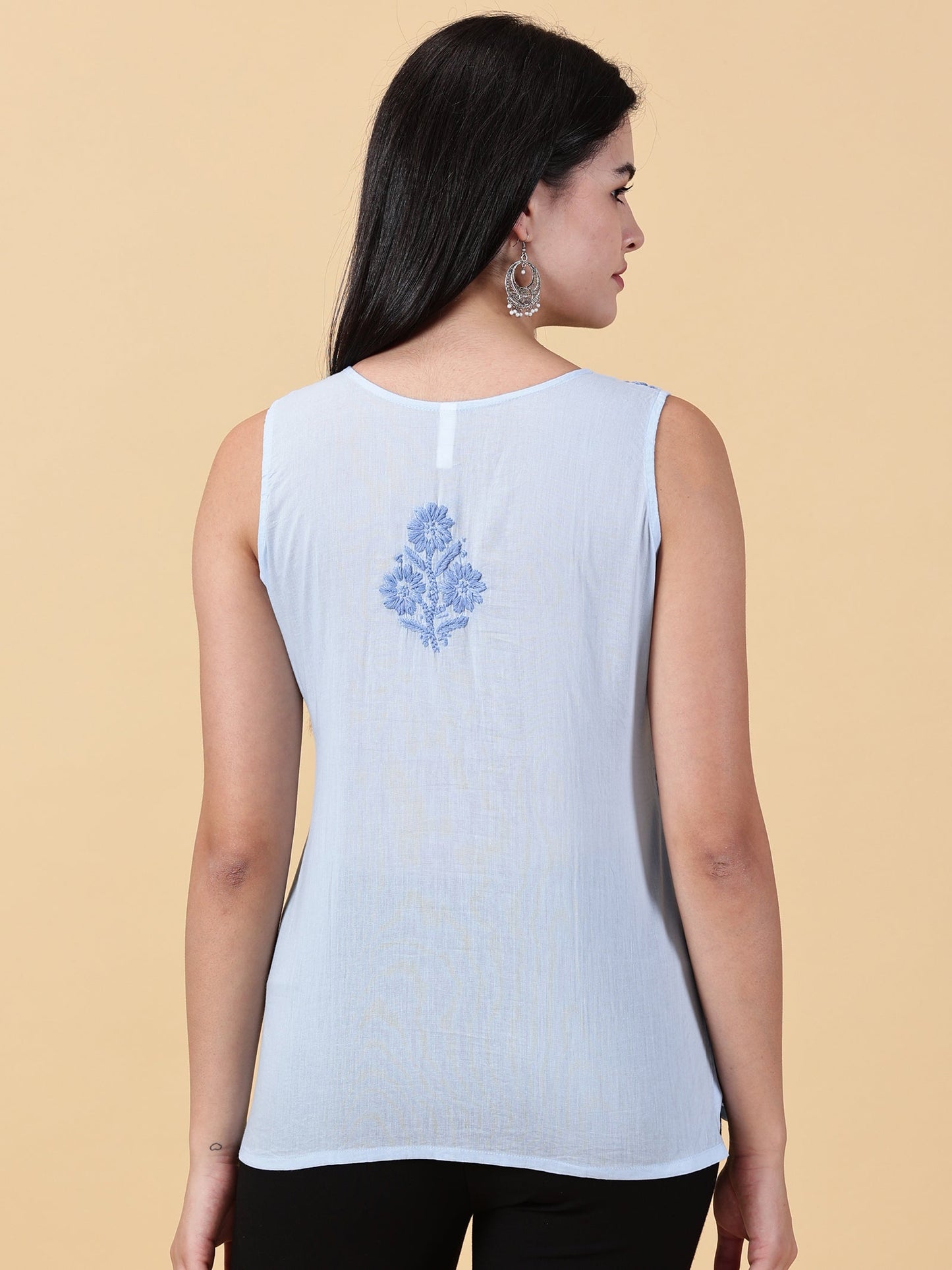 Blue Sleeveless Cotton Chikankari Top
