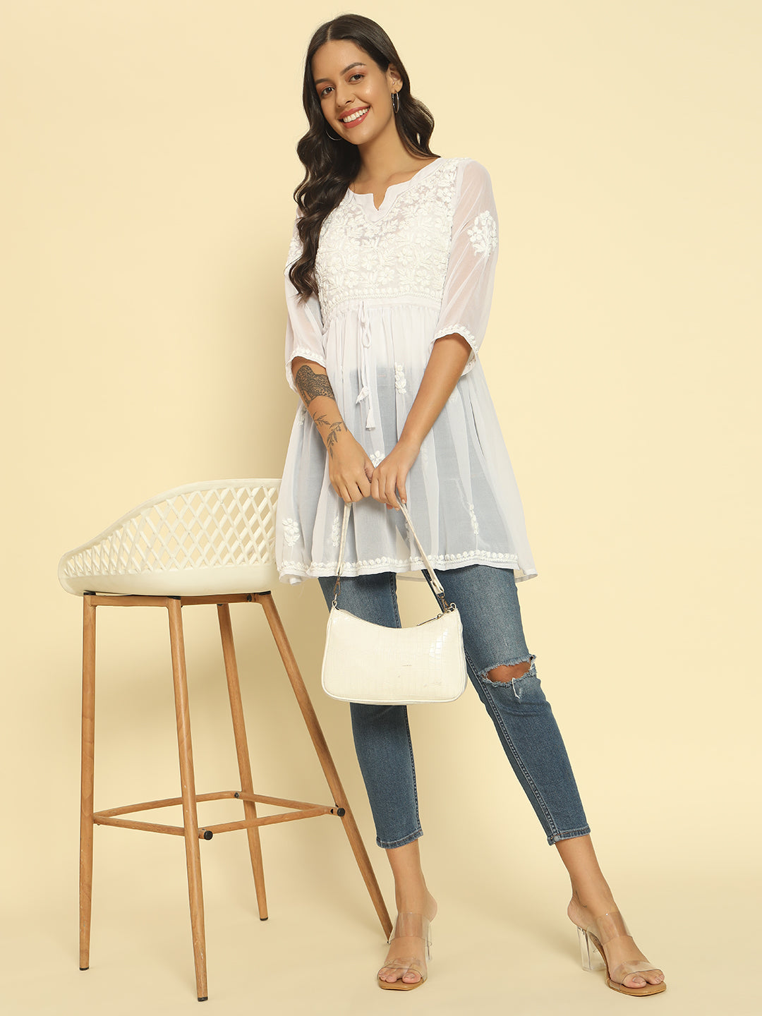 White Chikankari Georgette A-line Kurti