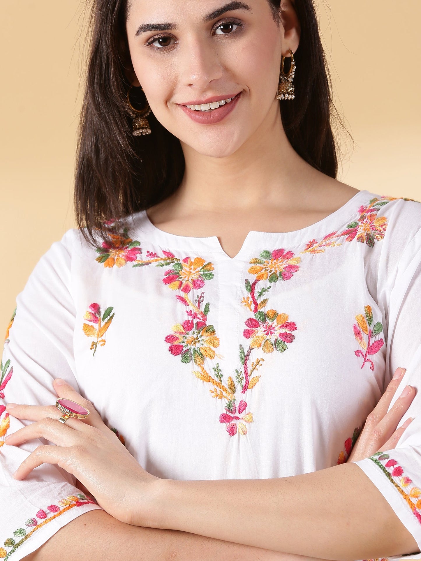 White Cotton Multi Embroidered Chikankari kurta