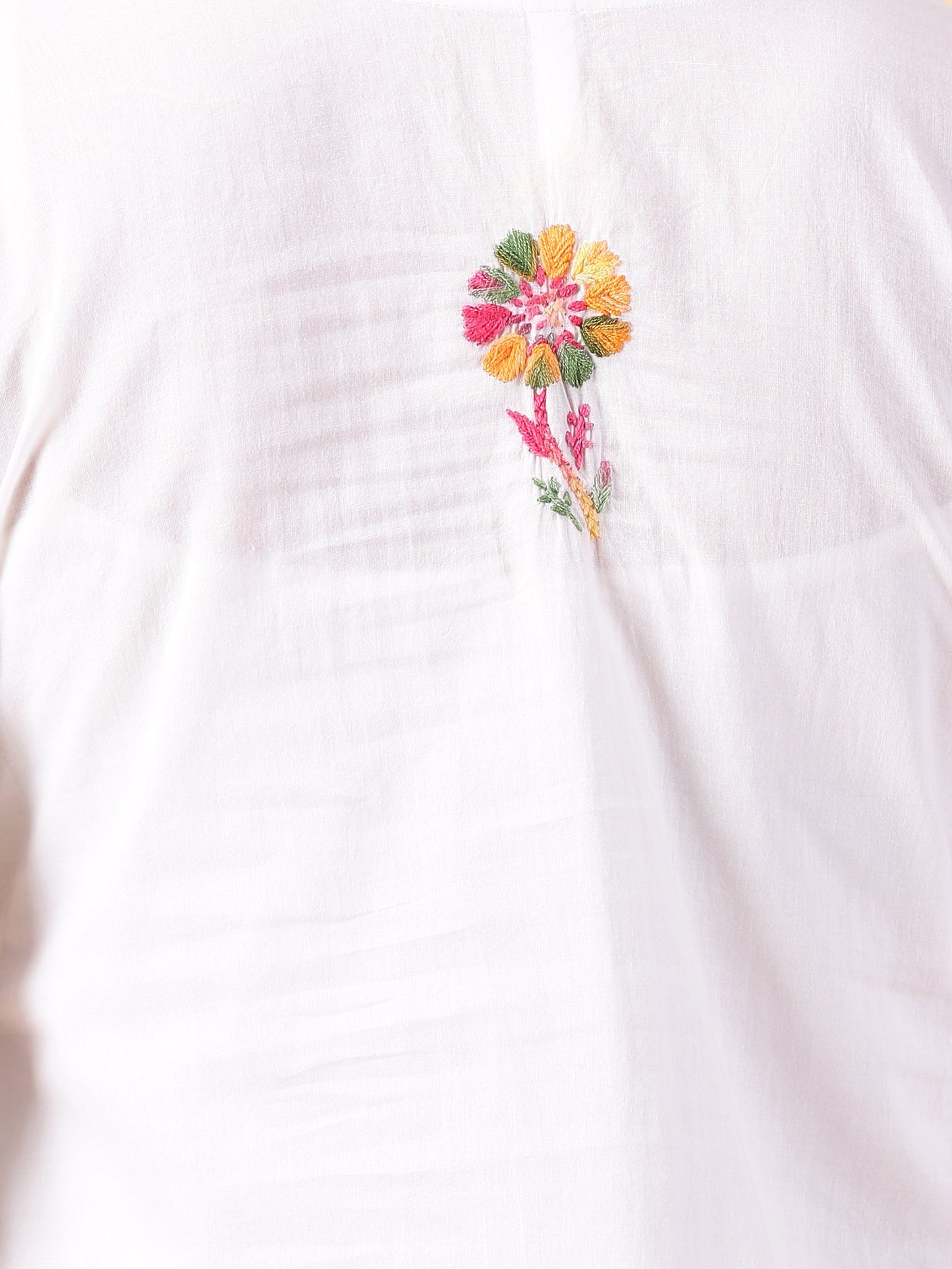 White Cotton Multi Embroidered Chikankari kurta