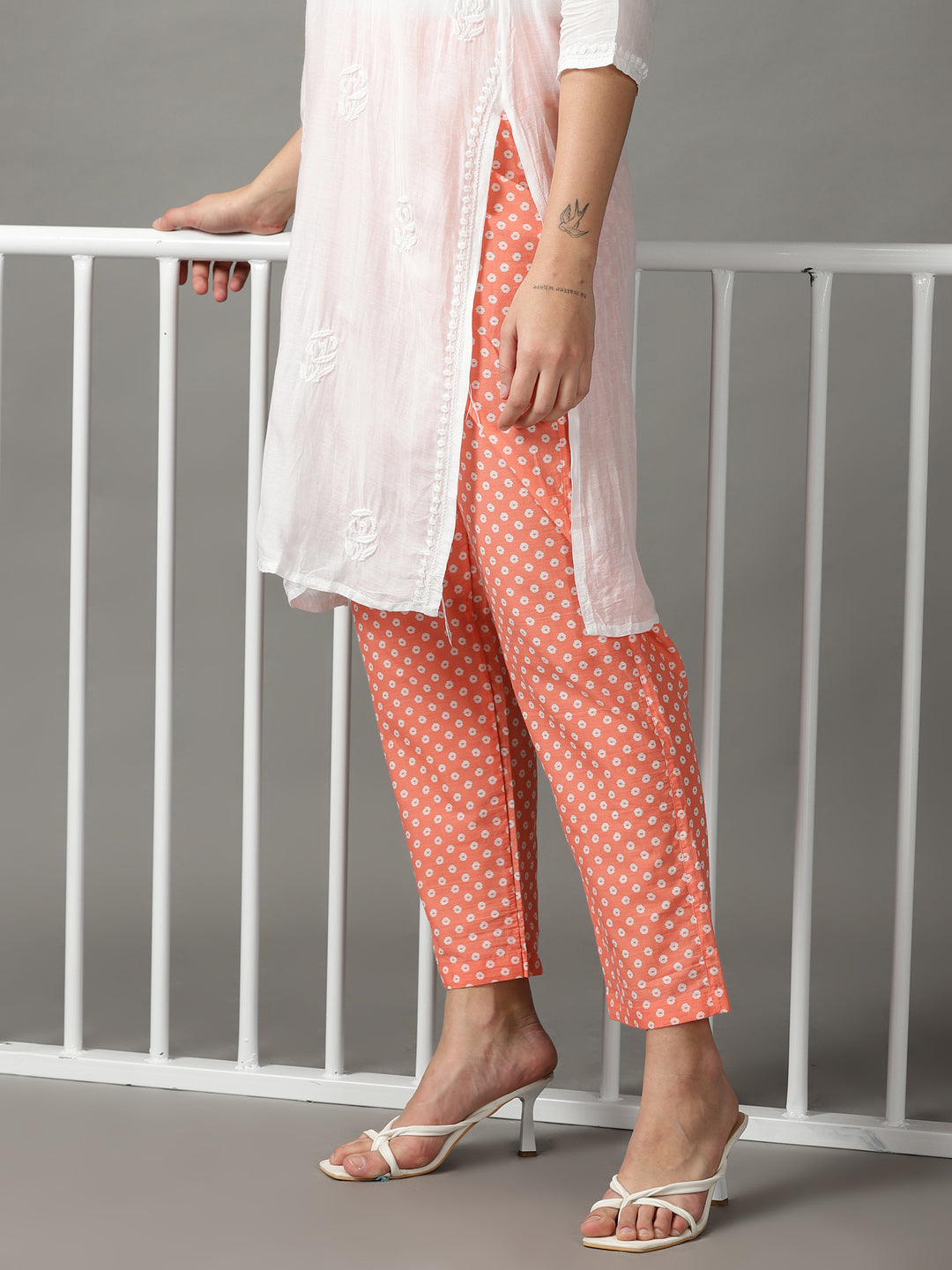 Women Peach Printed Cotton Trousers