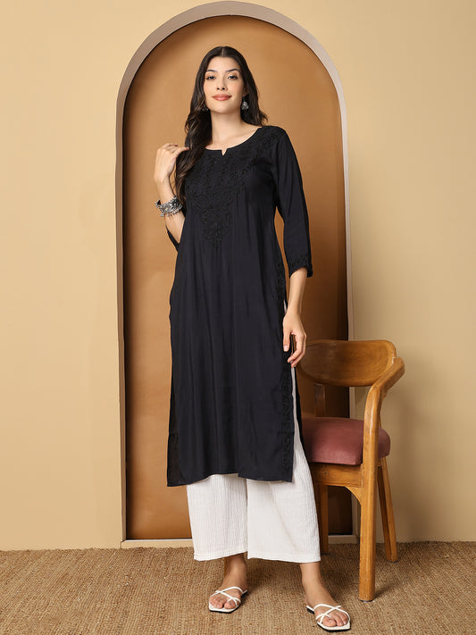 Black Chanderi Straight Long Kurta with Chikankari Work