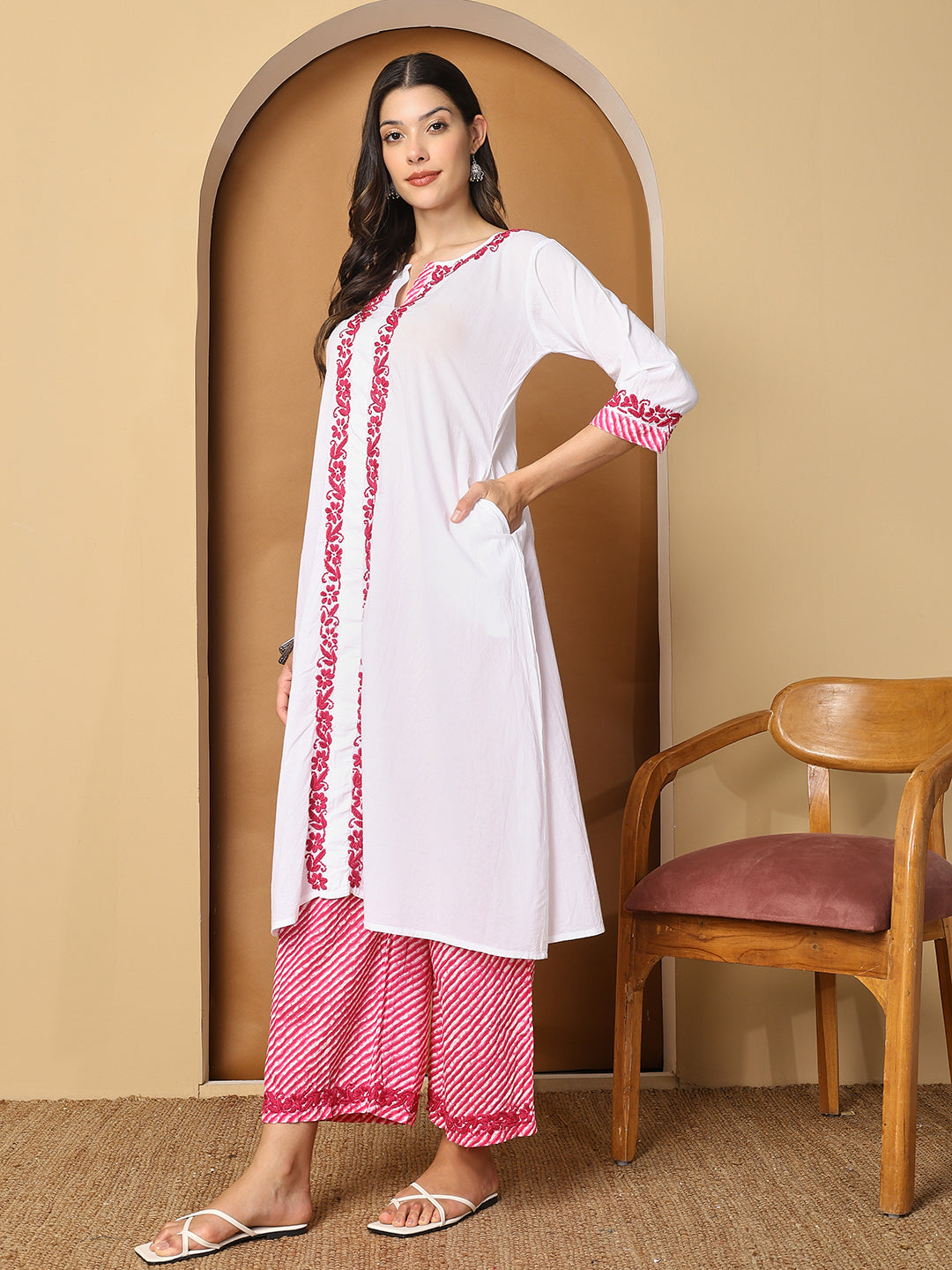 White Cotton Long Kurta Set with Pink Chikankari and Palazzo Pants