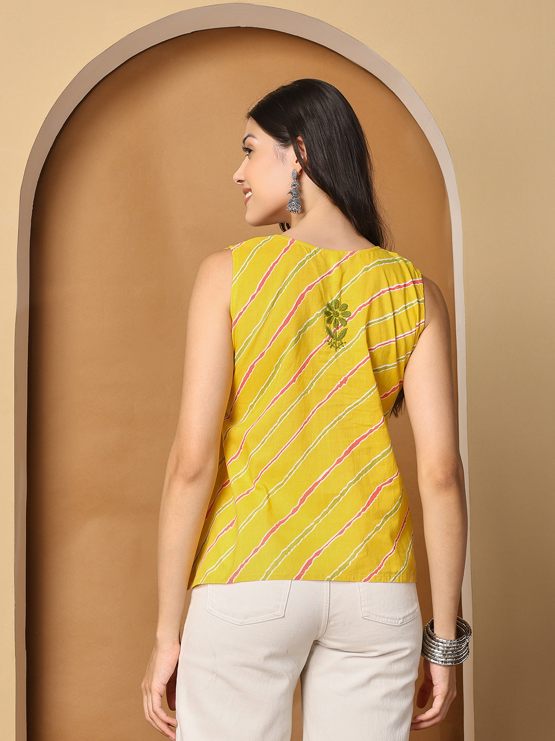 Yellow Printed Cotton Chikankari Sleeveless Top