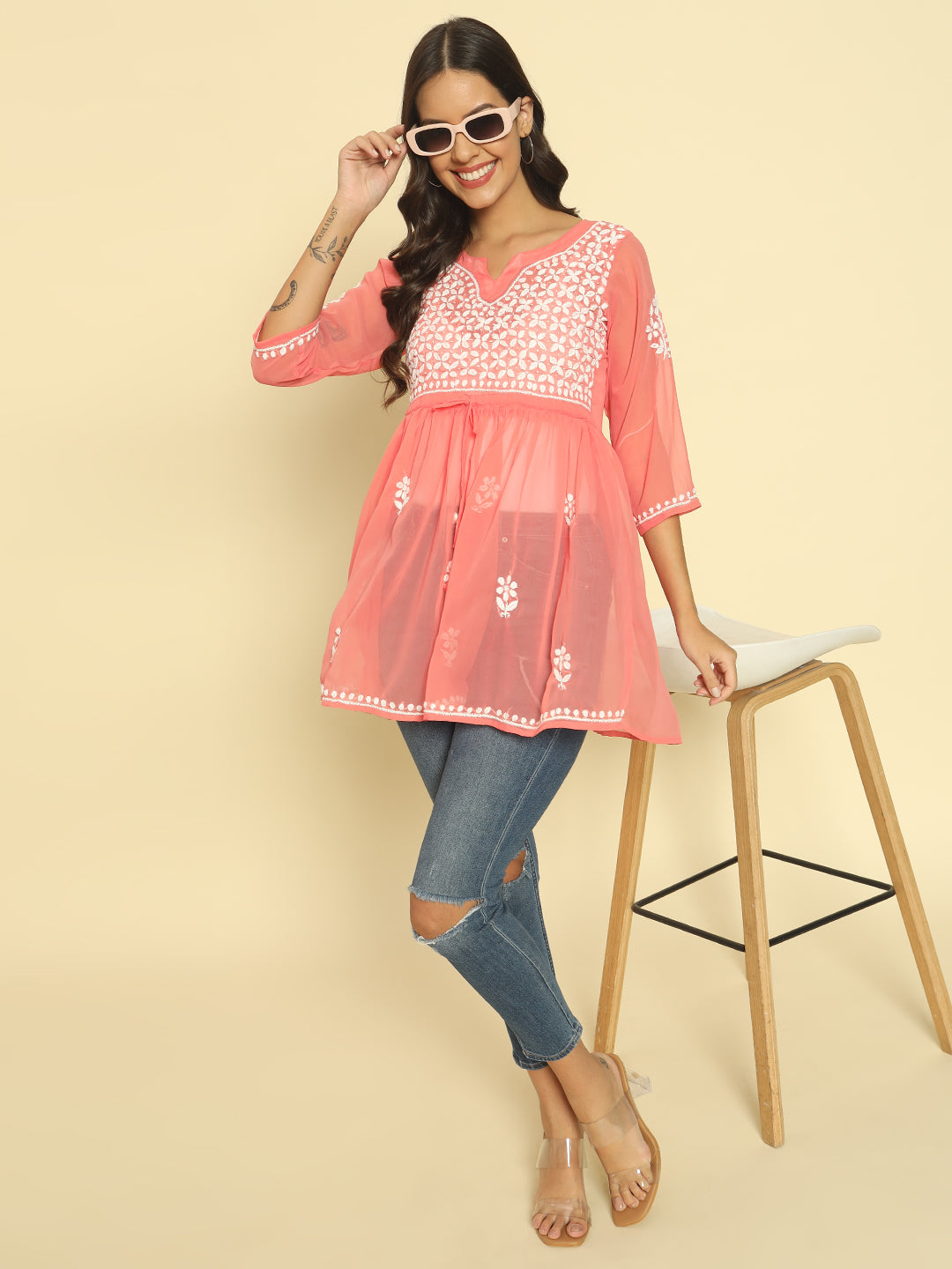 Hand Embroidered Pink Lucknowi Chikan Georgette A-line Kurti