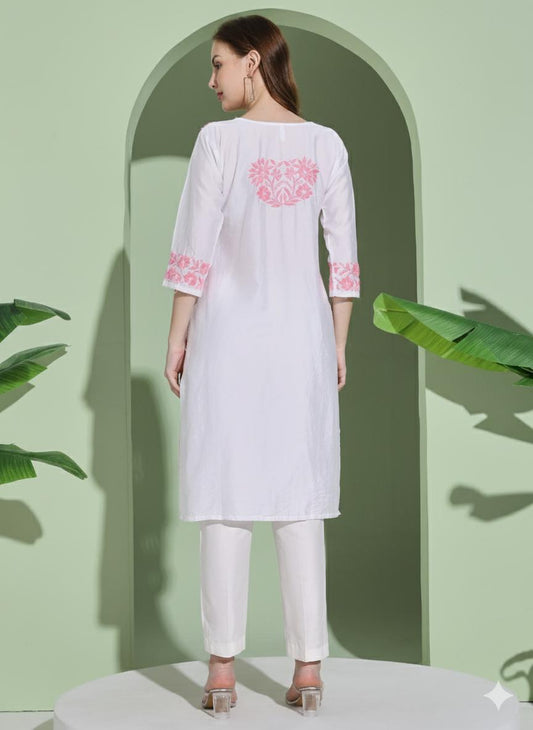 Women White Chanderi Hand Embroidered Chikankari Lucknowi Long Kurta