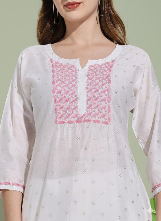 Women White Chanderi Hand Chikankari Short Kurta with pink embroidered detailing on neckline, sleeves.