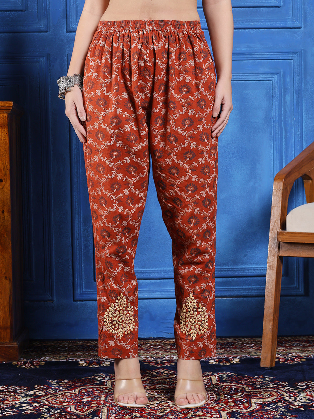Handmade Chikankari Cotton Long Kurta Set in Rust Brown