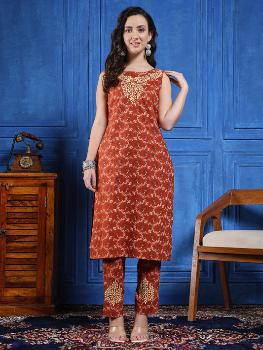 Handmade Chikankari Cotton Long Kurta in Rust Brown – Sleeveless Straight Fit