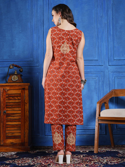 Handmade Chikankari Cotton Long Kurta in Rust Brown – Sleeveless Straight Fit