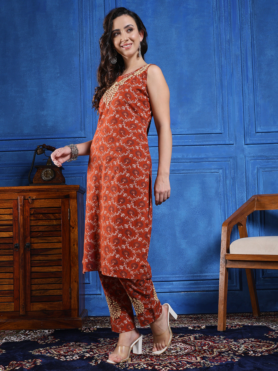 Handmade Chikankari Cotton Long Kurta Set in Rust Brown