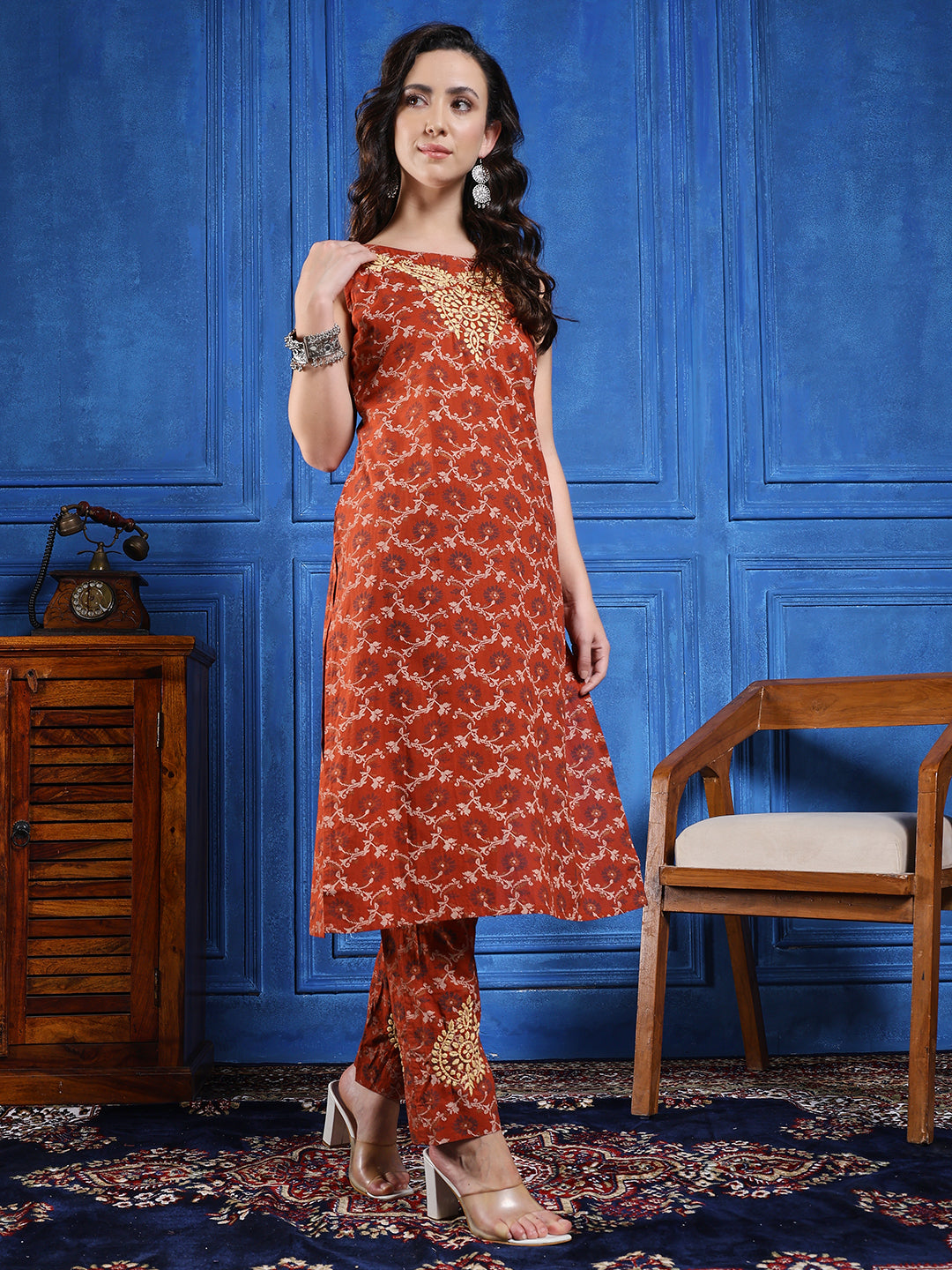 Handmade Chikankari Cotton Long Kurta Set in Rust Brown