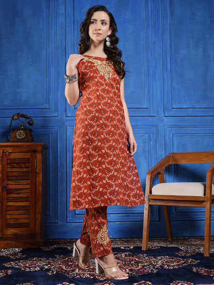 Handmade Chikankari Cotton Long Kurta Set in Rust Brown