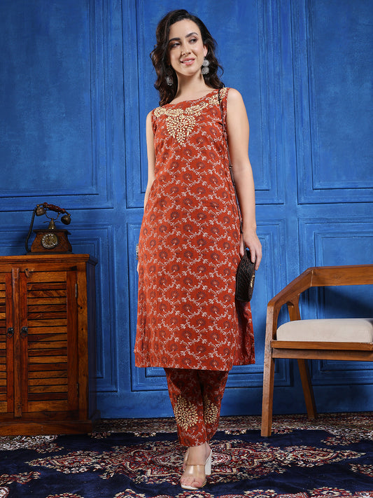 Handmade Chikankari Cotton Long Kurta Set in Rust Brown