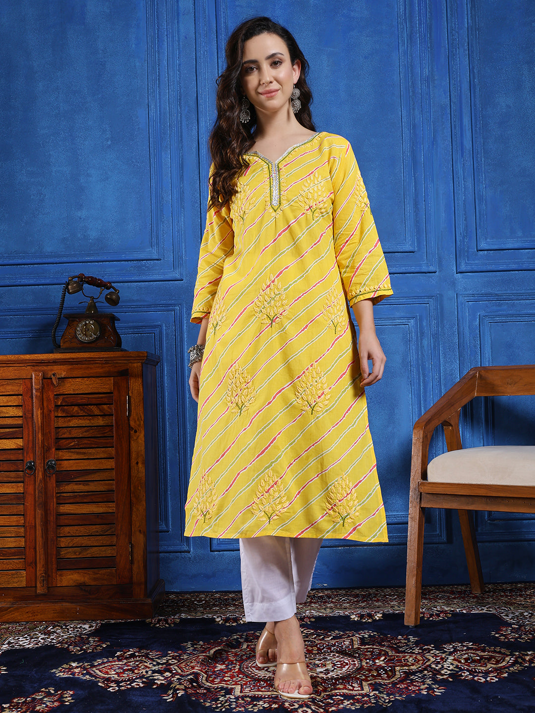 Handmade Yellow Cotton Chikankari Long Kurta