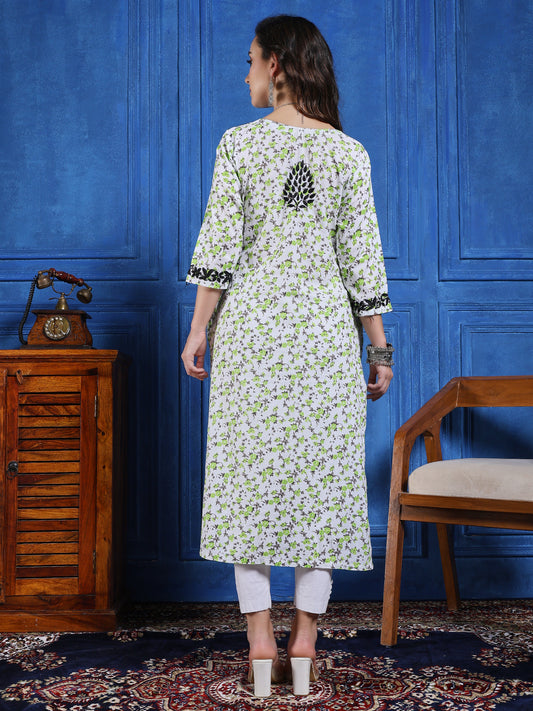 Women’s White & Green Floral Chikankari Long Kurta