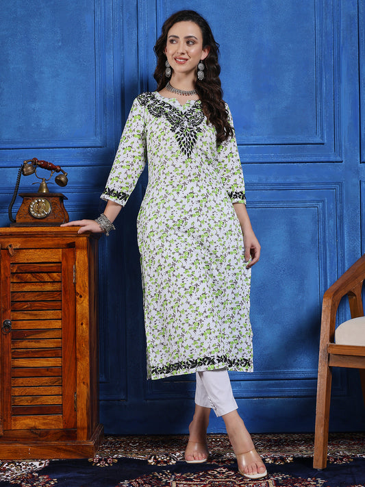 Women’s White & Green Floral Chikankari Long Kurta Set