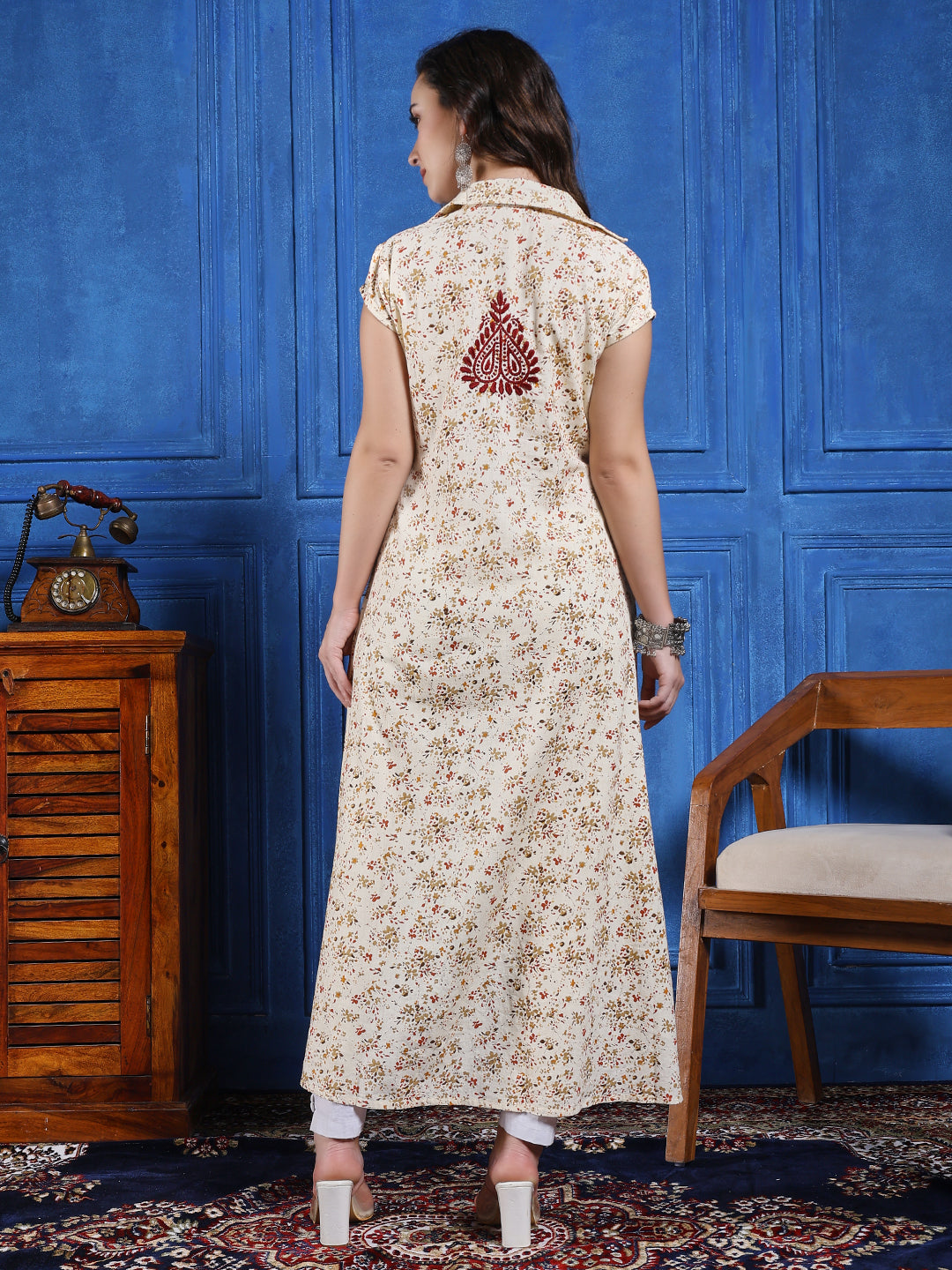 Women Cream Printed Hand Chikankari A Line Kurta Set