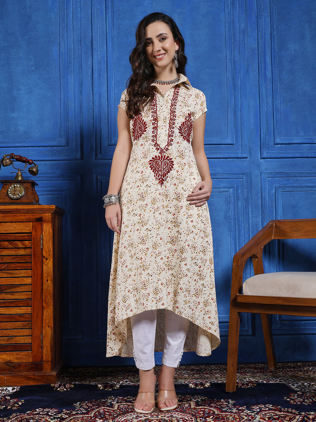 Women Cream Printed Hand Chikankari A Line Kurta Set