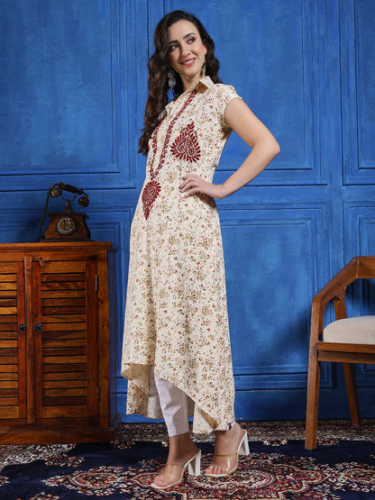 Women Cream Printed Hand Chikankari A Line Kurta Set