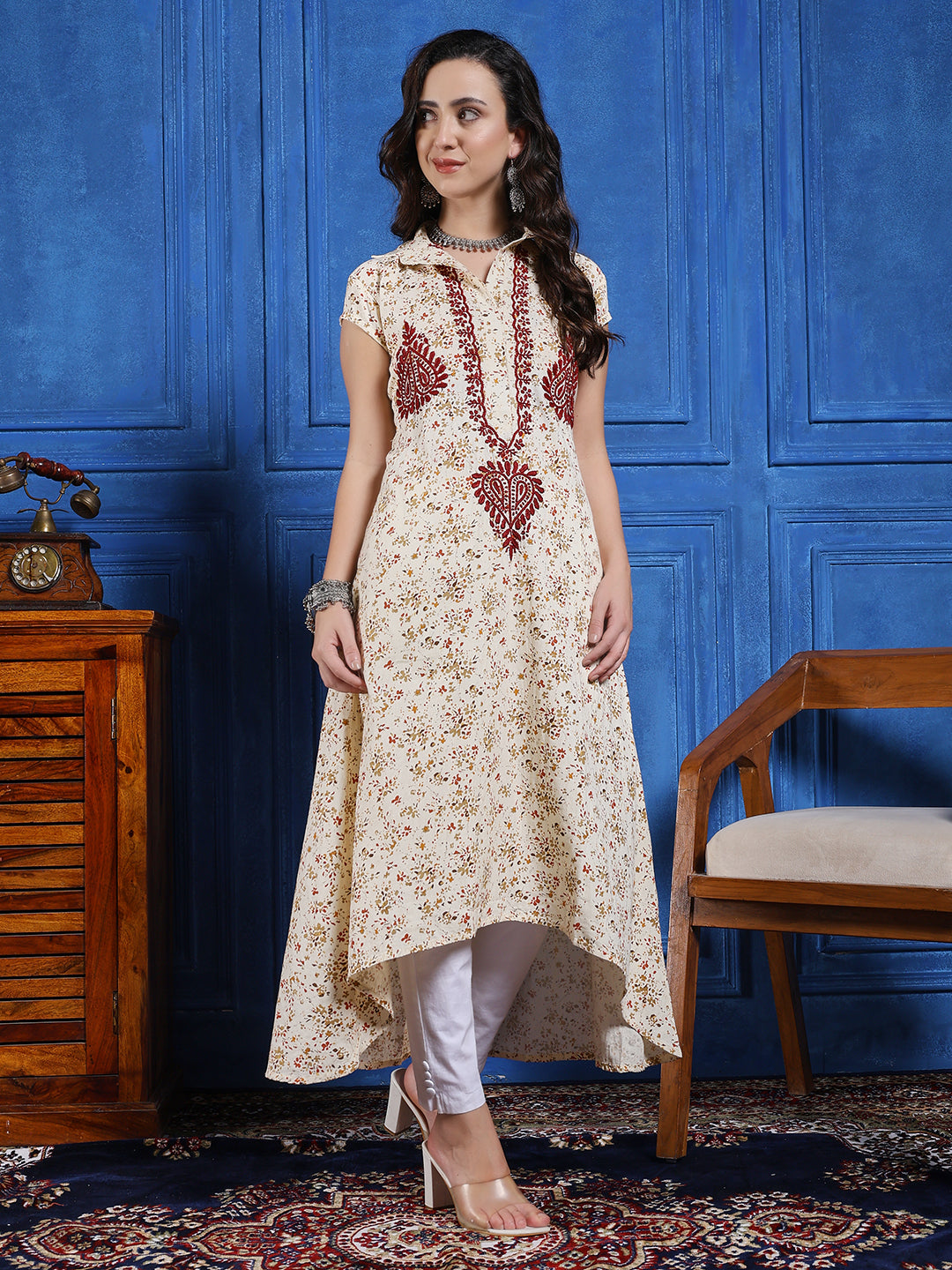 Women Cream Printed Hand Chikankari A Line Kurta Set