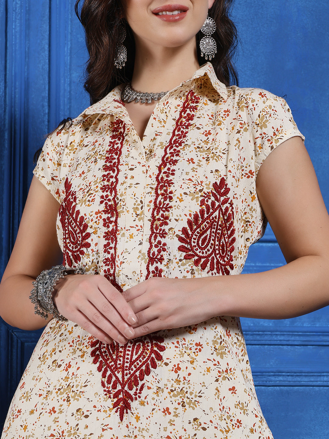 Women Cream Printed Hand Chikankari A Line Kurta Set