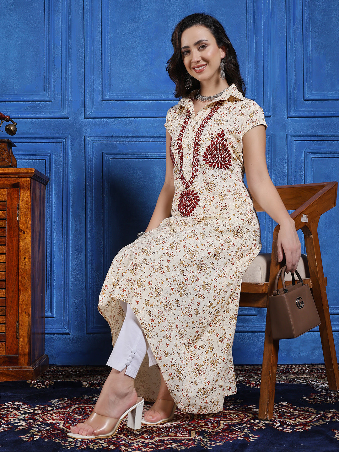 Women Cream Printed Hand Chikankari A Line Kurta Set
