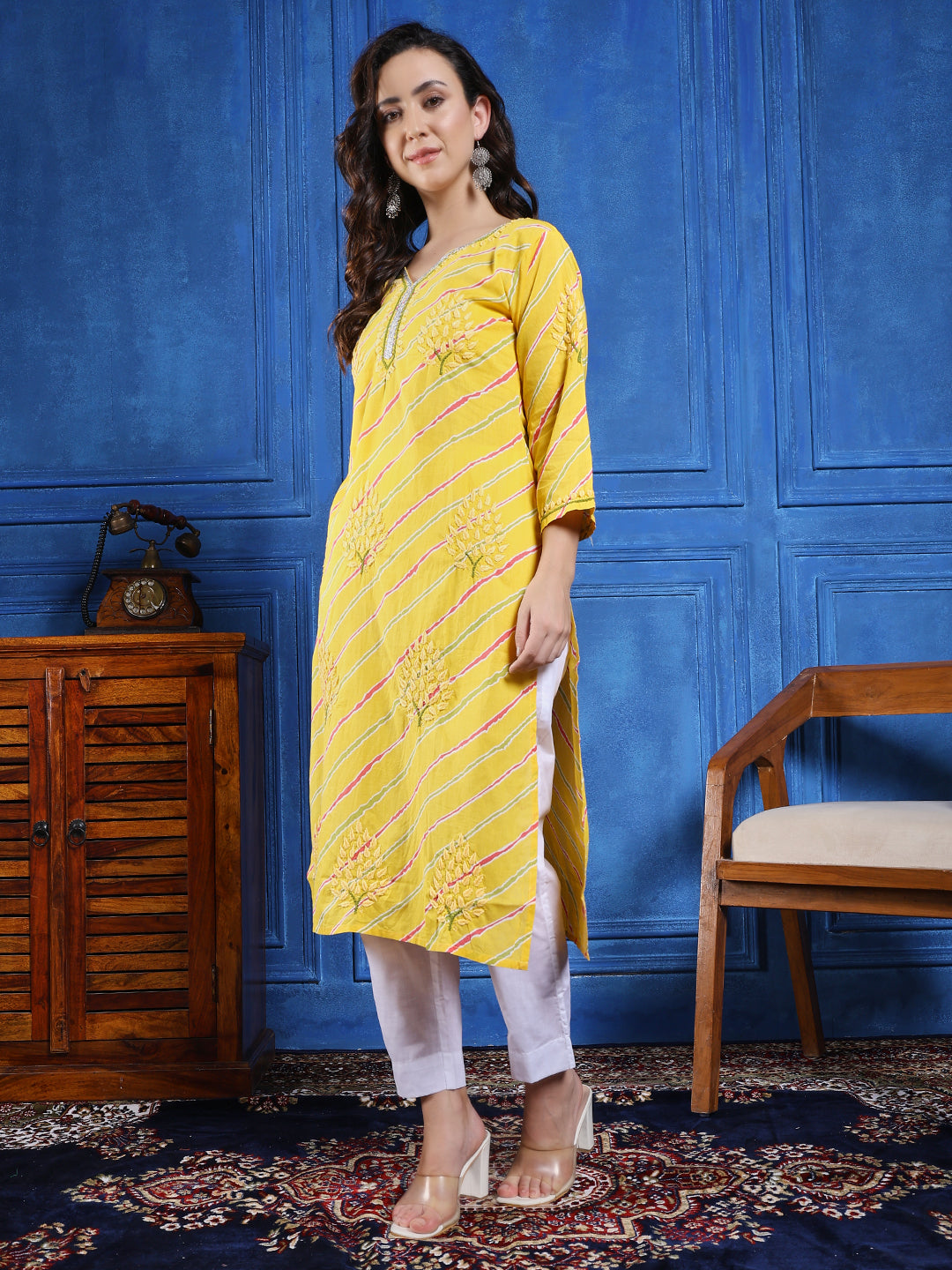 Handmade Yellow Cotton Chikankari Long Kurta Set