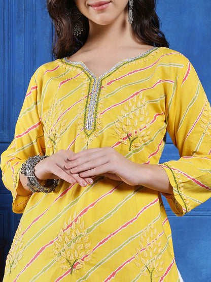 Handmade Yellow Cotton Chikankari Long Kurta Set