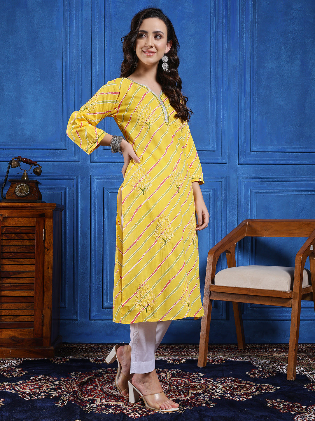 Handmade Yellow Cotton Chikankari Long Kurta Set