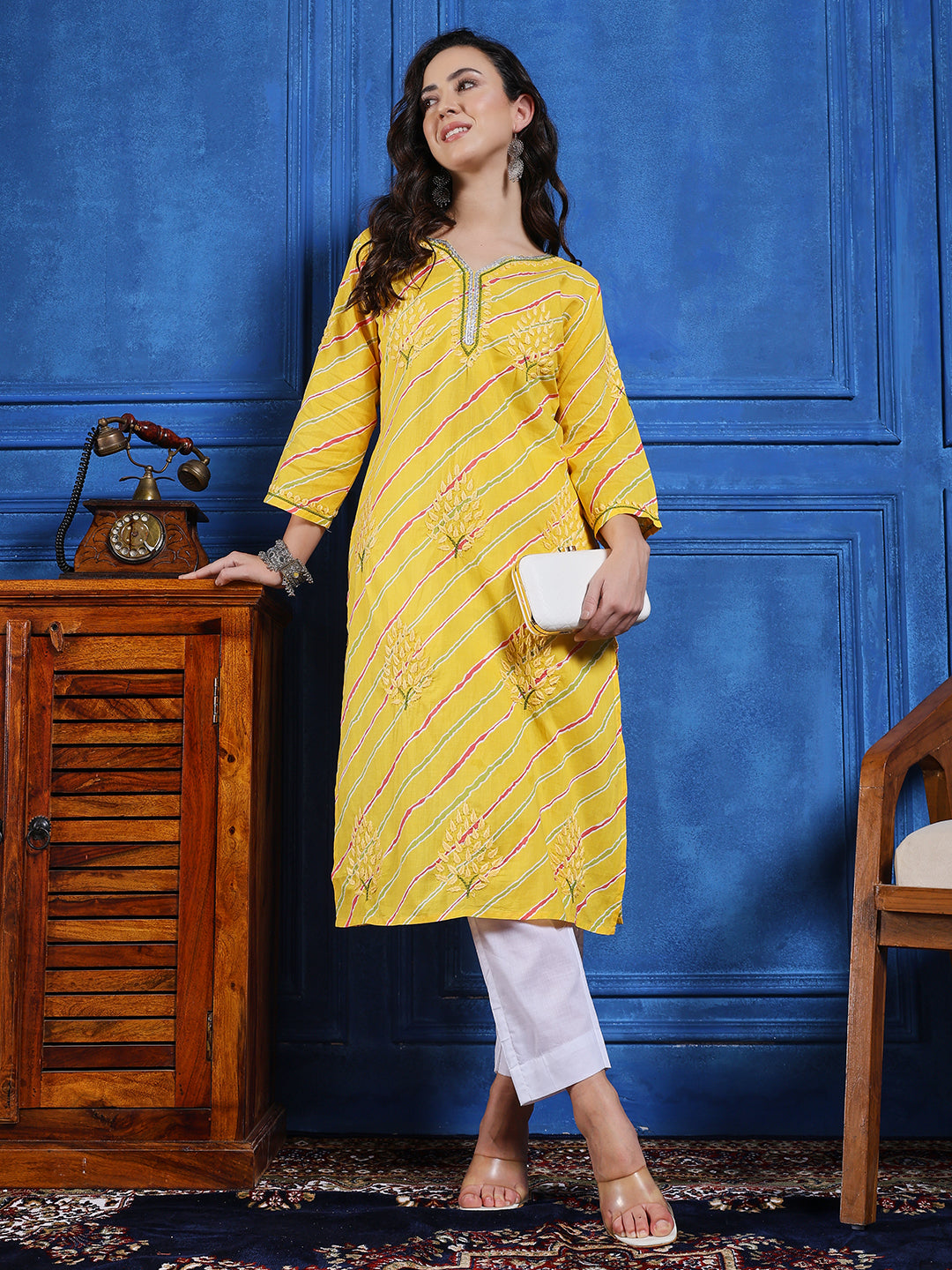 Handmade Yellow Cotton Chikankari Long Kurta Set