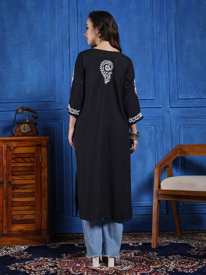 Women Black Modal  Hand Chikankari Long Kurta