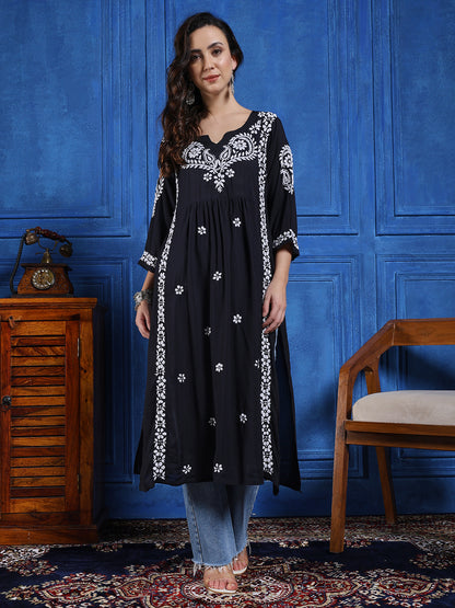 Women Black Modal  Hand Chikankari Long Kurta